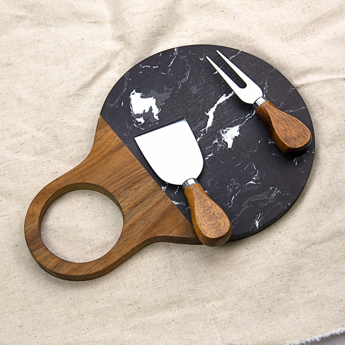 Round Acacia Wood & Marble Cheese Board – Modern Paddle Serving Tray (2 Sizes)